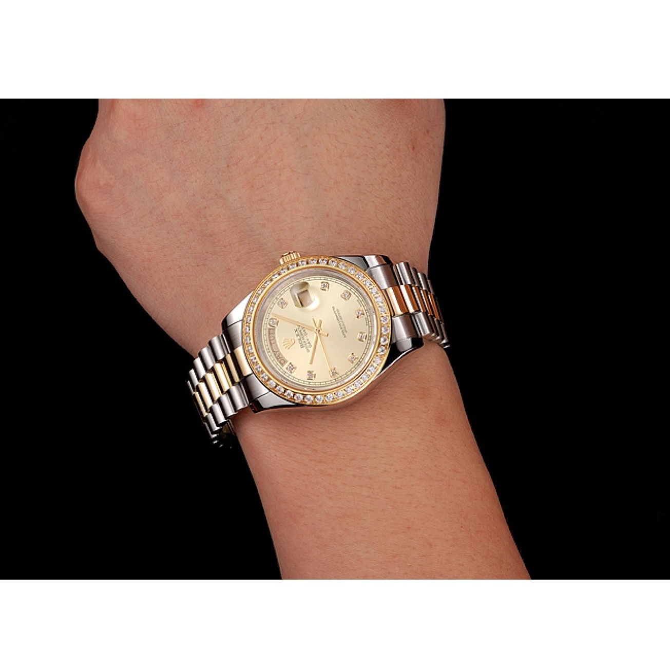 MiroTime 0705 Swiss Rolex Day-Date Champagne Dial Gold Diamond Case Two Tone Stainless Steel Bracelet 1453974